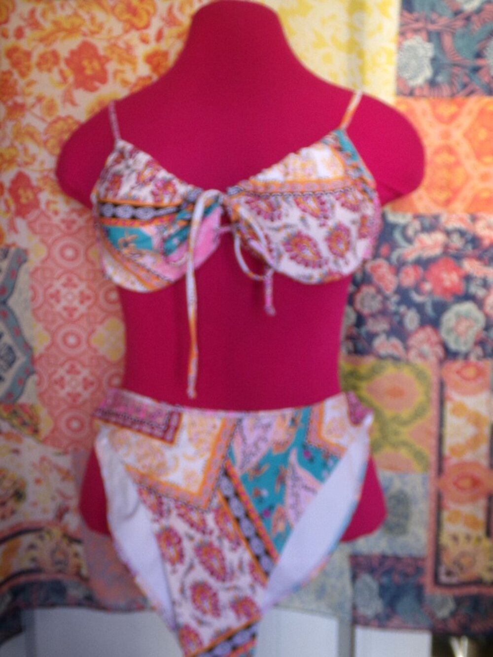 Zaful Pink & Teal Patchwork Bikini Sz L